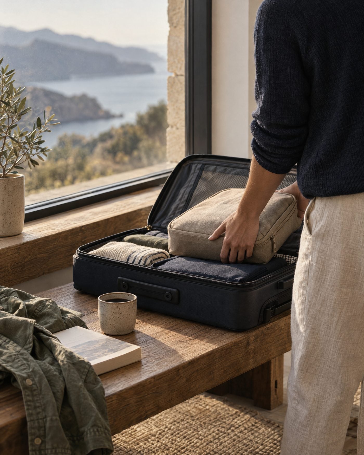 Traveler packing a carry-on suitcase by a window