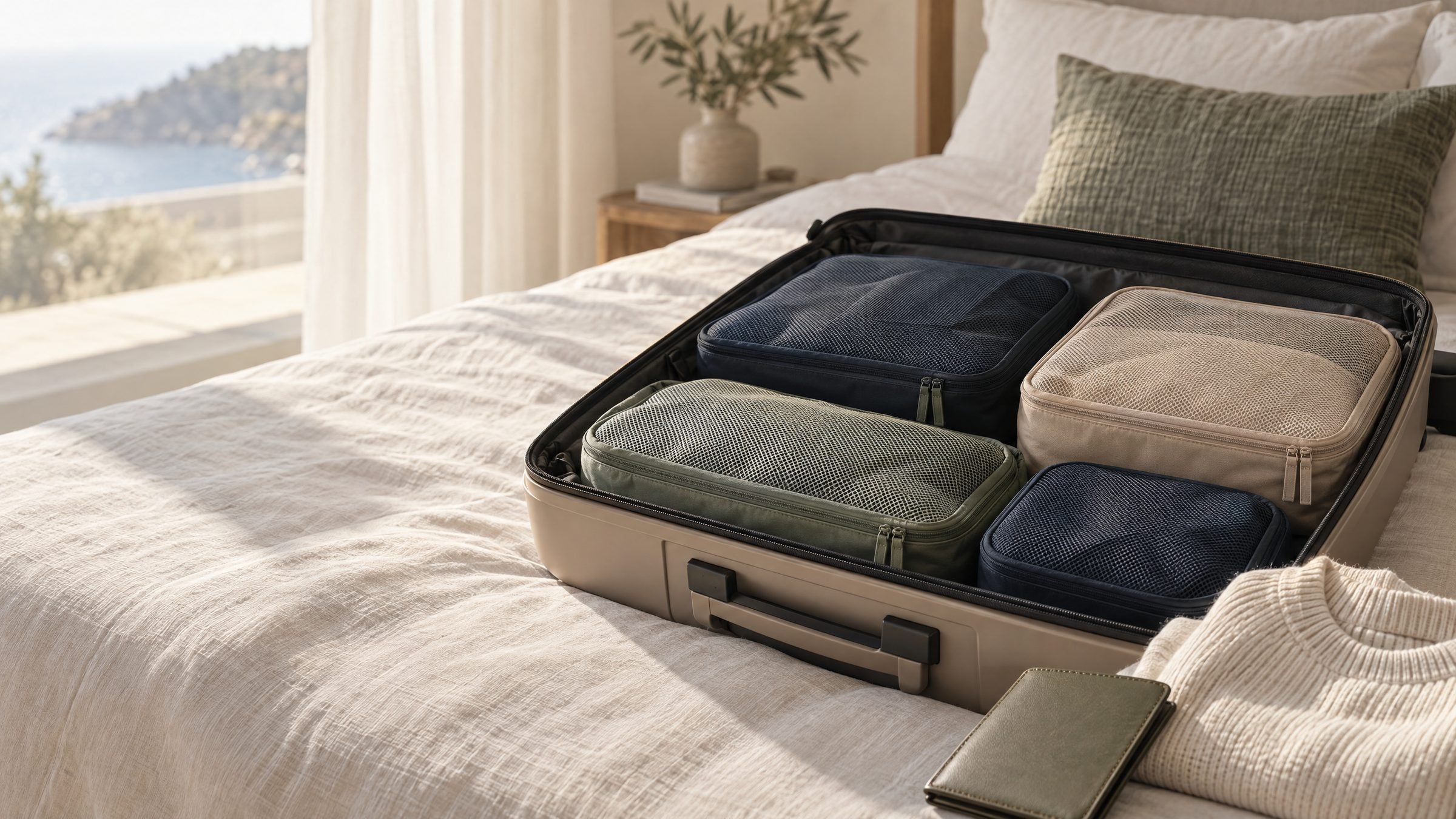 Carry-on suitcase packed with navy, sand, and sage packing cubes