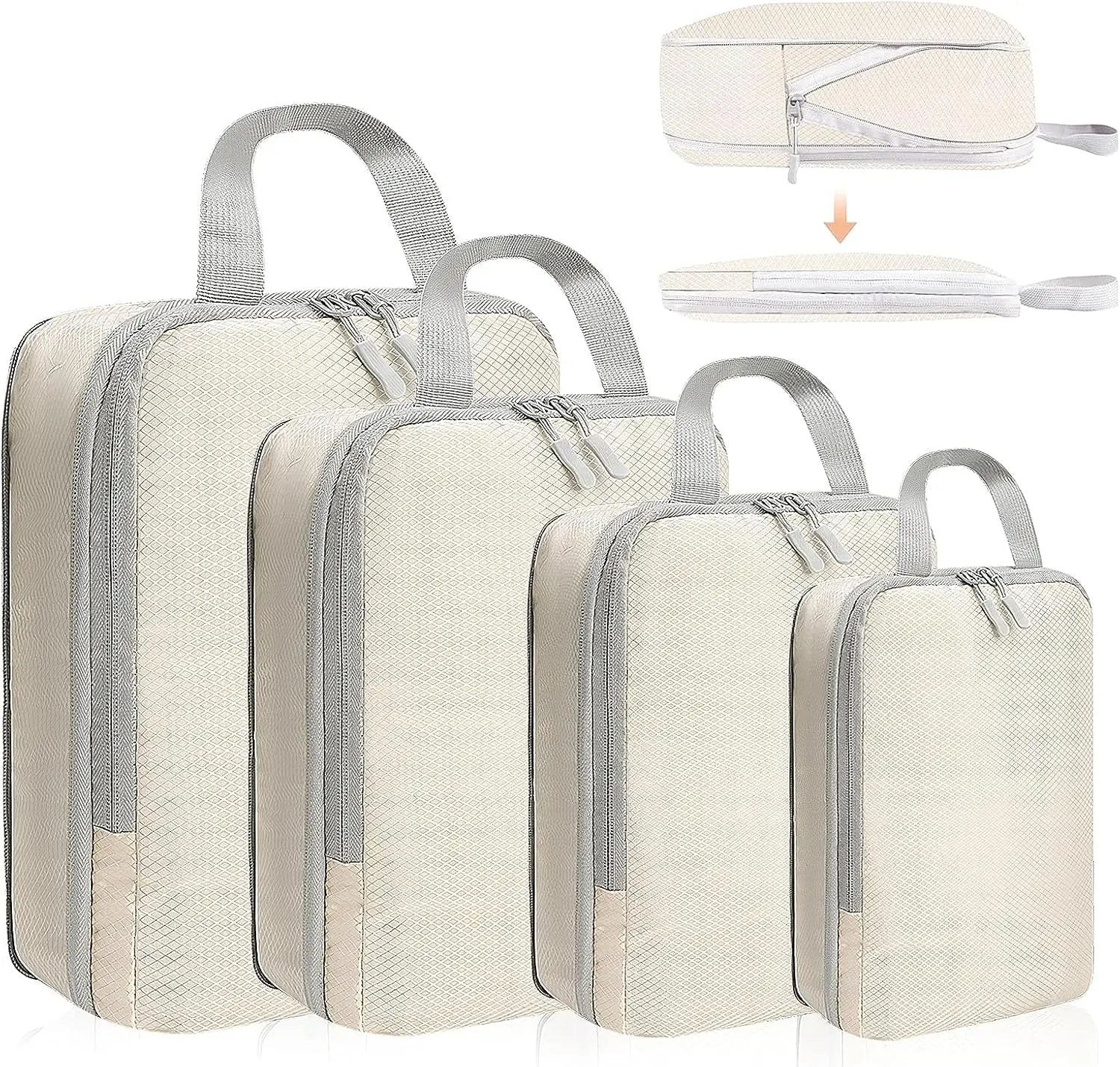 Four-piece compression packing cube set in beige, sizes small to extra large